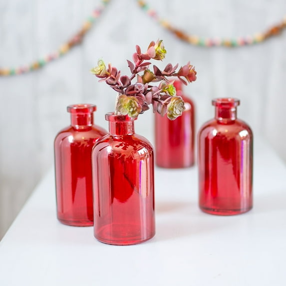 Party Ornaments Wedding Decor Glass Apothecary Bottle Food Safe Jar Bud Vase 5.25 in Red 6 Pk