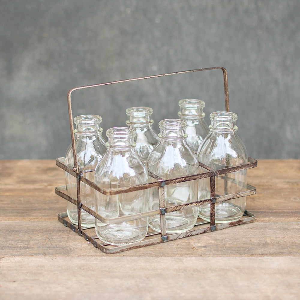 6 Glass Milk Bottles in Metal Carrier - Wholesale Flowers and Supplies