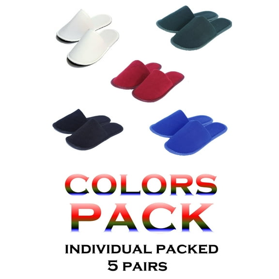 Party Pack 5 Pairs Fabric Packed Terry Cotton Disposable Hotel Slippers for Airbnb Spa Salon Wedding Guests Black Red Blue Green White