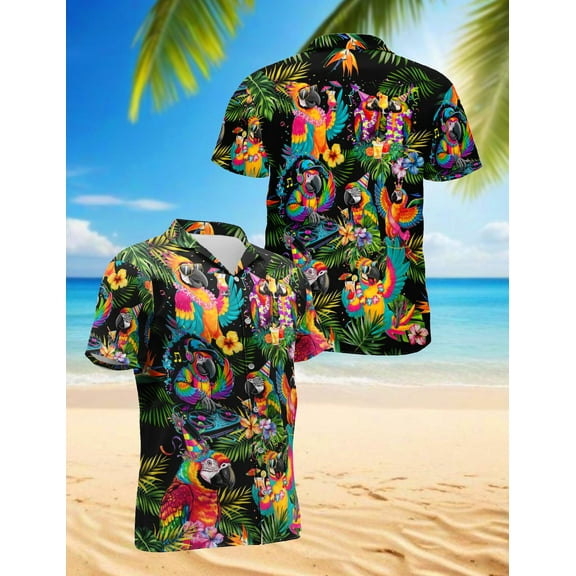 Party Parrots Hawaiian Shirt for Men, Tropical Style, Button Down Summer Beach Short Sleeve, S-5XL