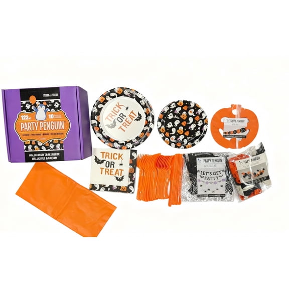 The Party Penguin Disposable Halloween Party Supplies Set (122pcs) | Spooky Halloween Decorations for Trick or Treat, Haunted House, Pumpkin Carving & Classroom Celebrations