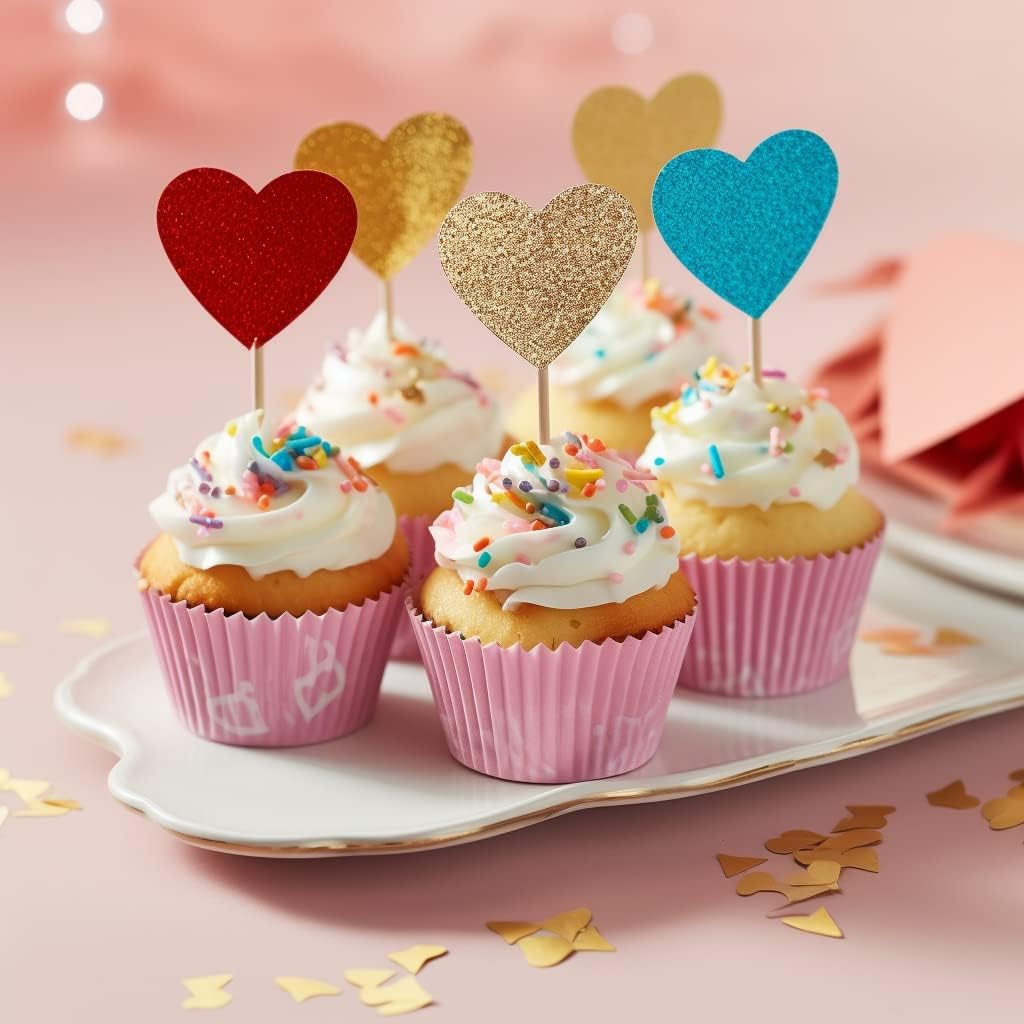 Party Perfection 60Pack Heart Shaped Cupcake Toppers for Birthdays