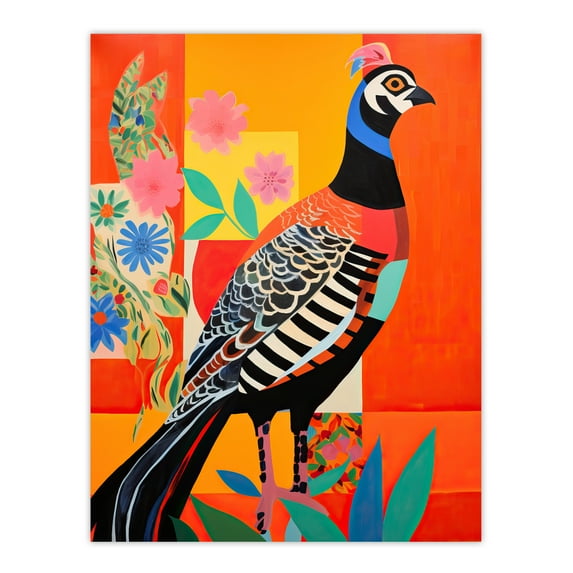 Party Pheasant Oil Painting Orange Blue Green Folk Art Vibrant Extra Large XL Wall Art Poster Print