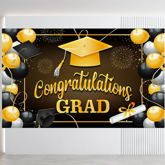 Party Photo Booth Props Extralarge Congrats Grad Banner 180X110 Cm | Graduation Party Decorations 2023 Black And Gold | Graduation Banner 2023 | Graduation Decorations Class Of 2023 | Red 2023 Graduat