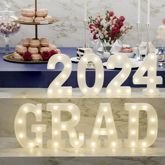 Party Photo Booth Props Graduation Party Decorations 20248 Led Long Light Up Letters 'Grad 2024' And 1 'Doctorial Hat' Graduation Party Decor For Kindergarten Preschool High School College Graduation,