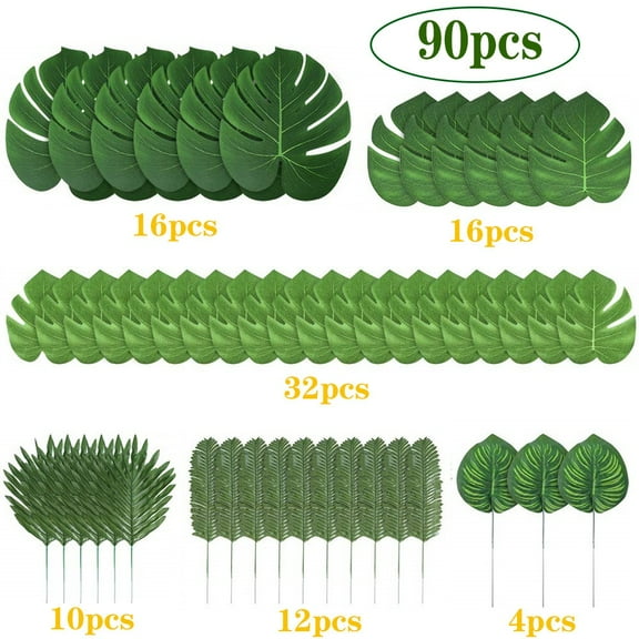 Party Photo Booth Props Leaves Artificial Tropical Monstera 90Pcs 6 Kinds Large Small Green Leave, Palm Leaves