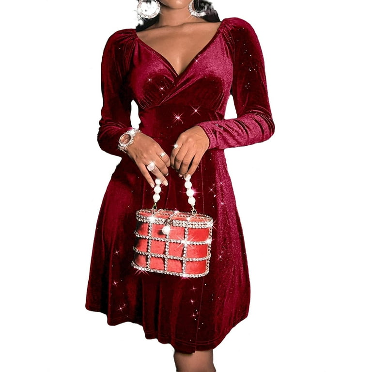 Party Plain Deep V Neck A Line Long Sleeve Burgundy Women Dresses Women s