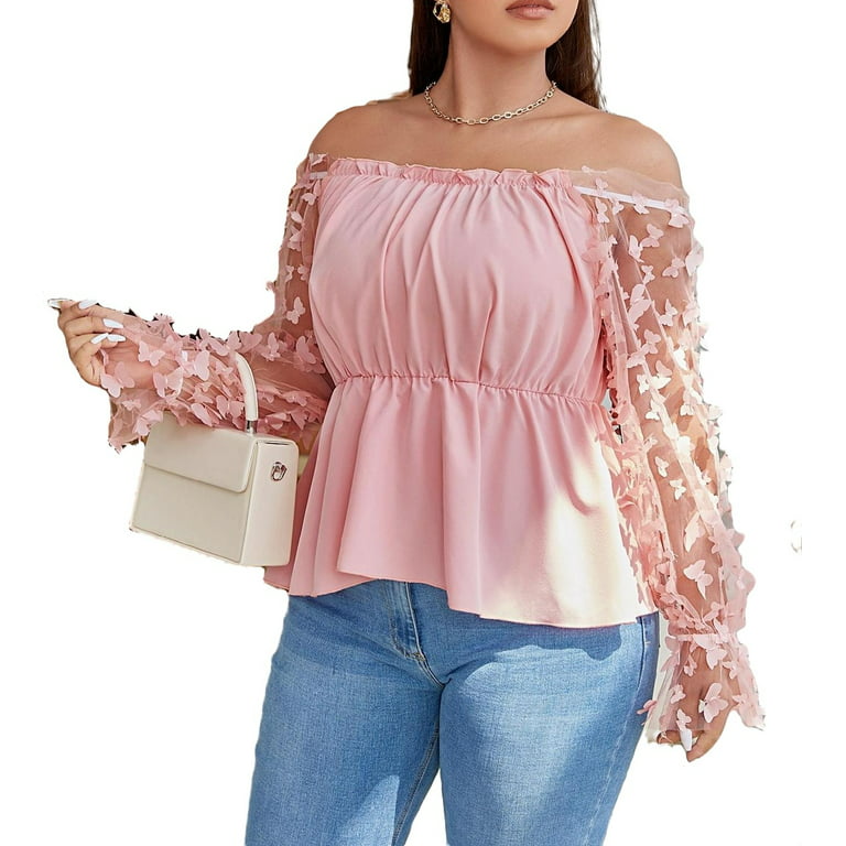 Party Plain Off the Shoulder Peplum Top Long Sleeve Baby Pink Plus
