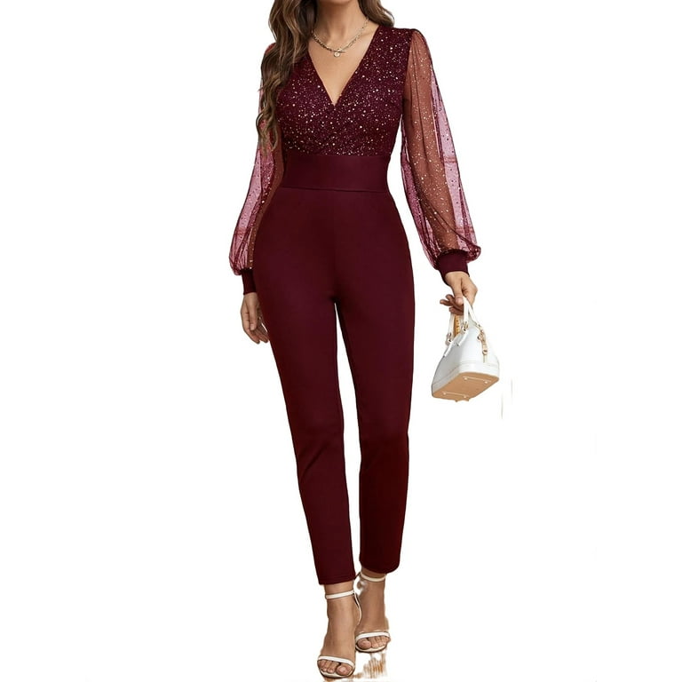 Party Plain V neck Other Long Sleeve Burgundy Womens Jumpsuits