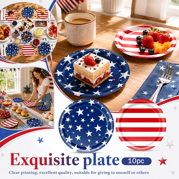Party Plates, Patriotic Decorations, Blue and White Decor, Disposable Plates, Fourth of July Decorations, 10 Pack 9 Inch Diameter Blue Star Disposable Paper Plates for July 4Th