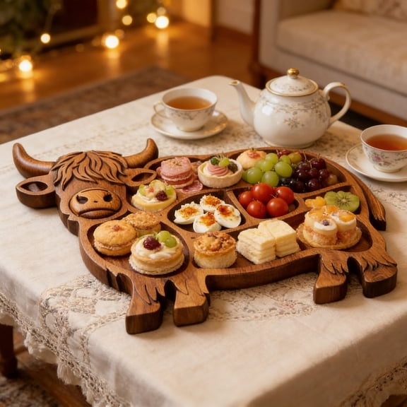 Party Platters, Highland Cow Plates Wooden Serving Platter Rustic Decorative Salad Plates Wood Charcuterie Tray for Dinner Dessert Appetizer Candy Bread Display Parties Holidays