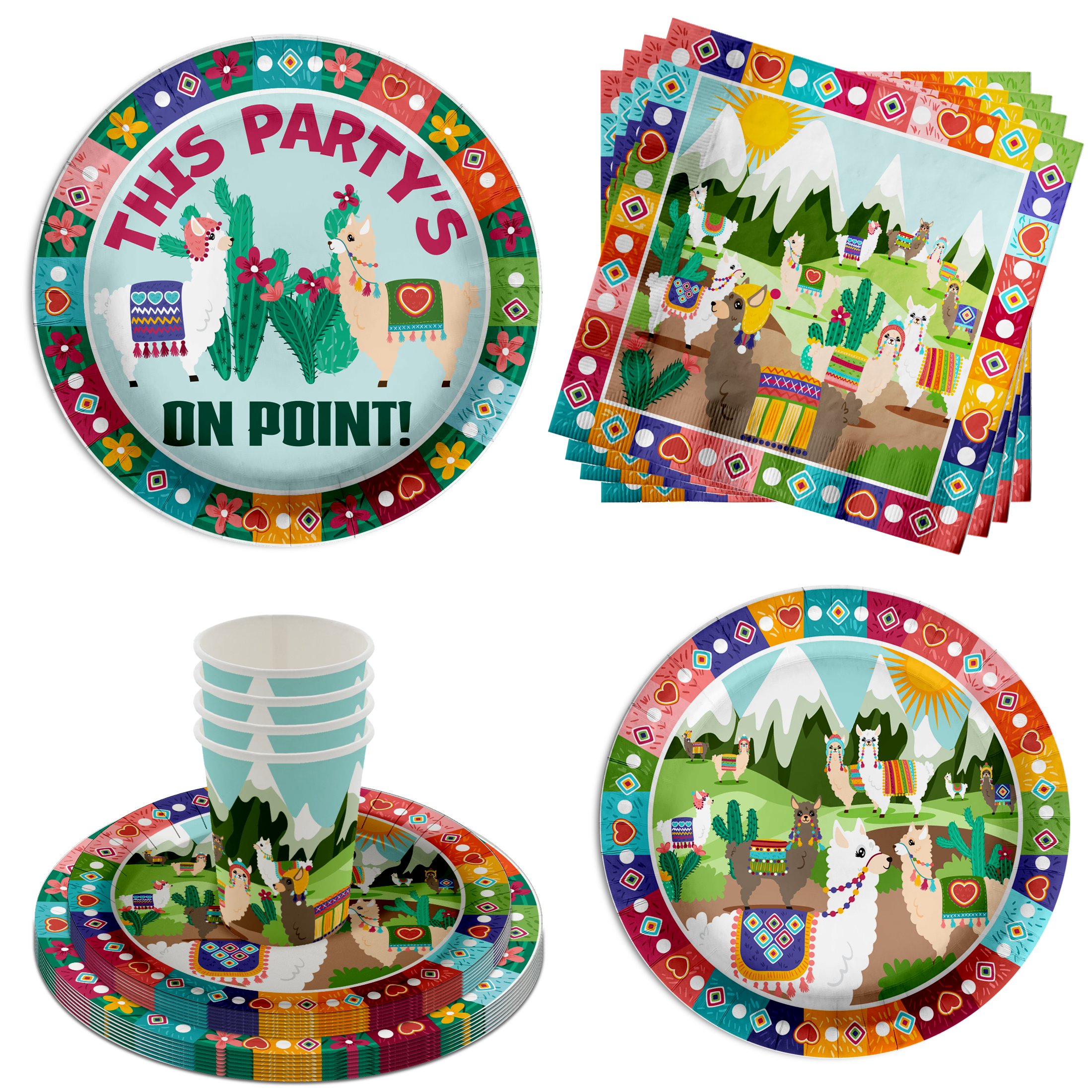 This Party is on Point Llama and Cactus Party Supplies - Southwest Fiesta Birthday Party Supplies 64 Piece Tableware Set Includes Large 9" Paper Plates Dessert Plates, Cups and Napkins Kit for 16