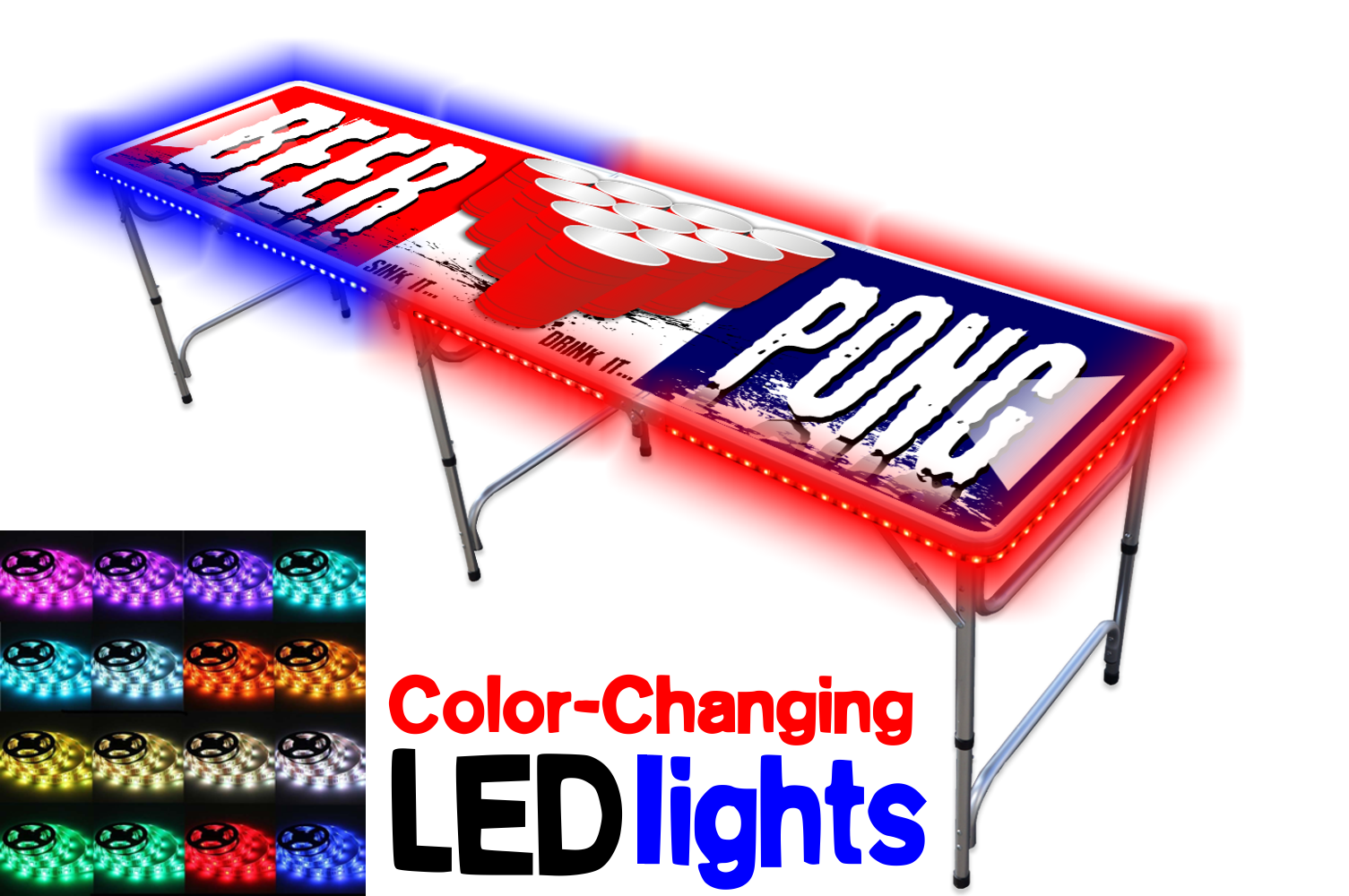 Party Pong 8-Foot Professional Beer Pong Table with LED Lights - Beer Pong Edition