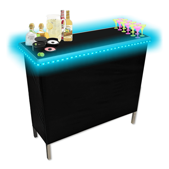 Party Pong Portable Folding and Hawaiian Style Bar with LED Lights and Skirt, Black/Blue