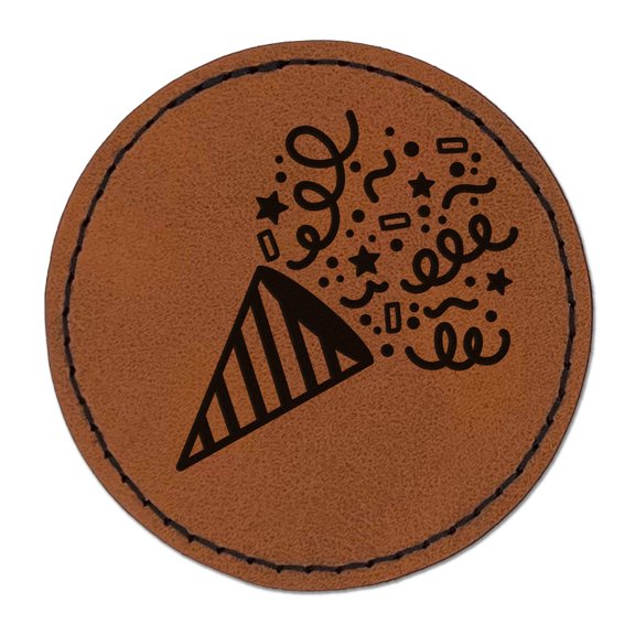 Party Popper with Confetti 2.5" Faux Leather Round Engraved Iron-On Patch - Brown