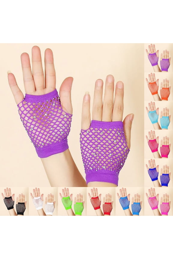 Party Punk Half Finger Mesh Gloves Stretch Color Diamond Detail Accessory