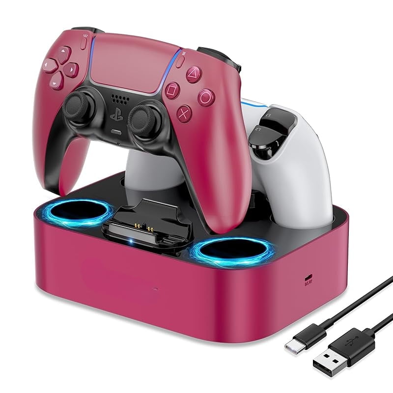 Party-Ready PS5 Charger Station for DualSense & Edge - Fast Dual Controller Drop & Charge Dock with Cable for PlayStation 5-Red
