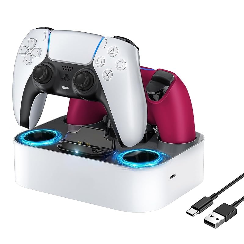 Bekfun Party-Ready PS5 Charger Station for DualSense & Edge - Fast Dual Controller Drop & Charge Dock with Cable for PlayStation 5-White