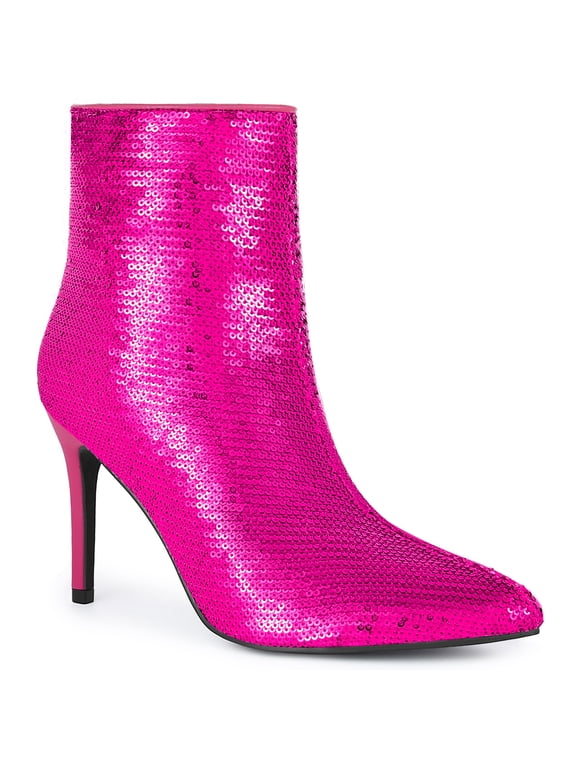 Women's Ankle Boots Sequin Stiletto Heel Pointed Toe Party Booties Fuchsia 7