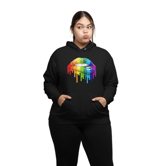 Gildan Heavy Blend Women's Hooded Sweatshirt, Multicolor Lips Print, Black, Size M