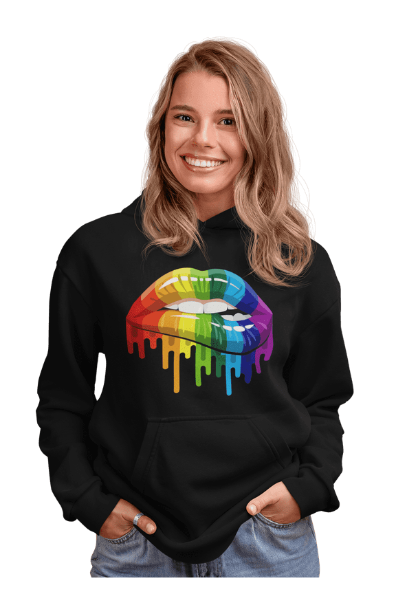 Heavy Blend Women's Hooded Sweatshirt, Multicolor Lips Print, Black, Size Small