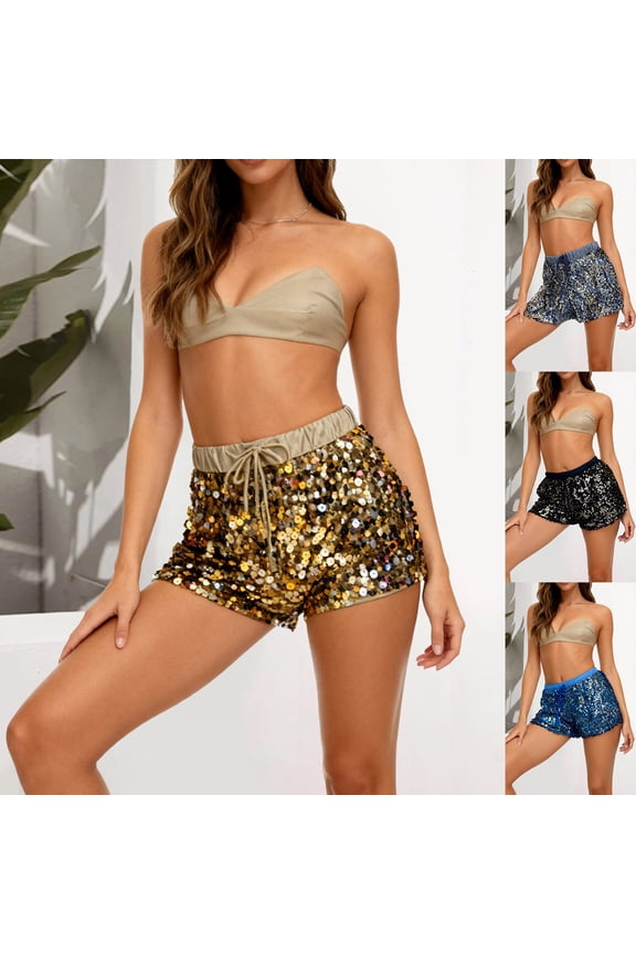 Party Shorts Women Sparkly Carnival Solid Sequins Shorts for Festive Hot Pants Casual Bottoms with Elastic Waistband