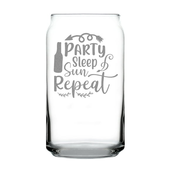 Party Sleep Sun Repeat Engraved Can Shaped Pint Glass, Unique Hand Etched Fun Drinking Gift, Summer Essentials, Cool Barware