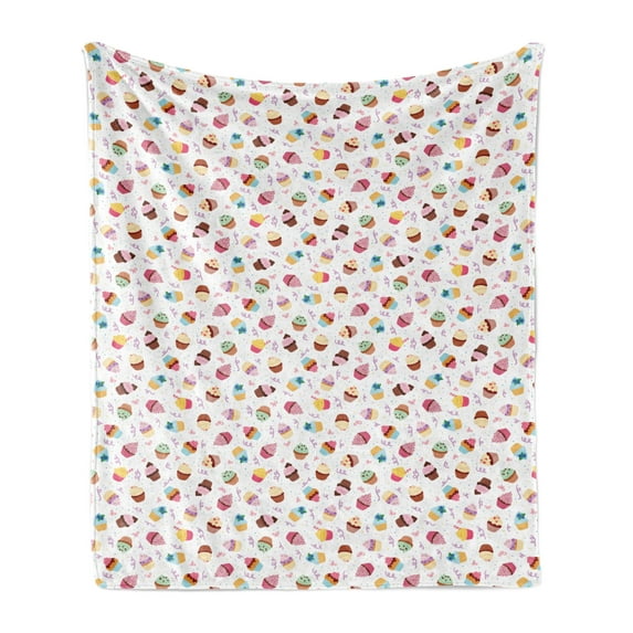 Party Soft Flannel Fleece Blanket, Pattern with Colorful Creamy Cupcakes Delicious Tasty Dessert Little Dots and Swirls, Cozy Plush for Indoor and Outdoor Use, 50" x 70", Multicolor, by Ambesonne