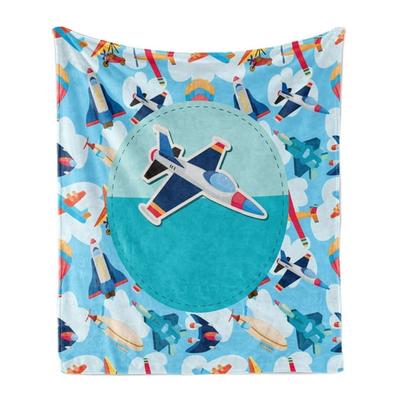Party Soft Flannel Fleece Throw Blanket, Airplane Group with Different Vessels Commercial Airline Design Balloon Cartoon, Cozy Plush for Indoor and Outdoor Use, 70" x 90", Multicolor, by Ambesonne