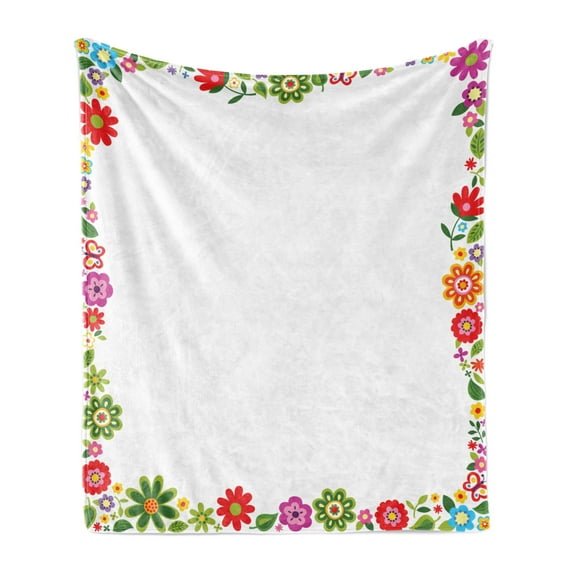 Party Soft Flannel Fleece Throw Blanket, Flourishing Flowers Border Ornaments Fantasy Garden Butterflies Joy Fun Nature, Cozy Plush for Indoor and Outdoor Use, 50" x 70", Multicolor, by Ambesonne
