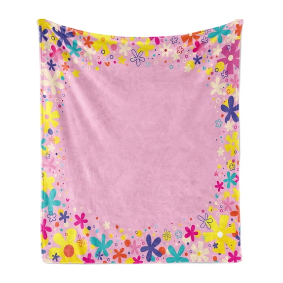 Party Soft Flannel Fleece Throw Blanket, Girls Birthday Design with Doodle Style Blooming Flowers on Pink Backdrop, Cozy Plush for Indoor and Outdoor Use, 70" x 90", Multicolor and Pink, by Ambesonne