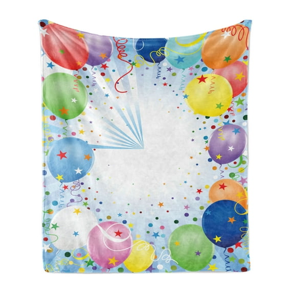 Party Soft Flannel Fleece Throw Blanket, Happy Celebration Event Theme with Colorful Flying Balloons Party Stars, Cozy Plush for Indoor and Outdoor Use, 70" x 90", Multicolor, by Ambesonne