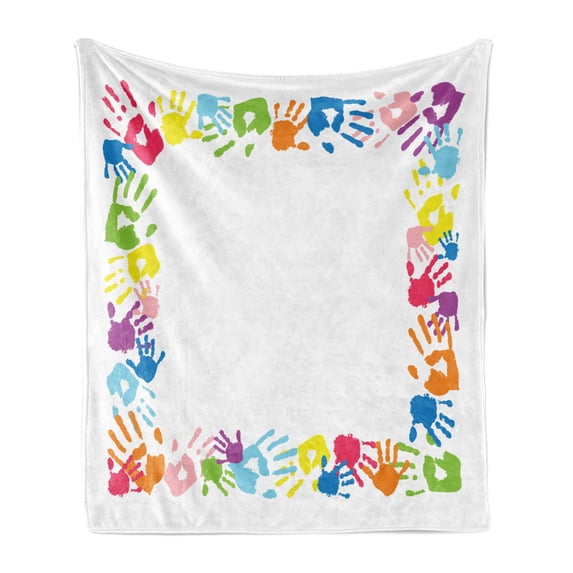 Party Soft Flannel Fleece Throw Blanket, Happy Childhood Themed Frame with Handprints in Rainbow Colors Grunge Display, Cozy Plush for Indoor and Outdoor Use, 60" x 80", Multicolor, by Ambesonne