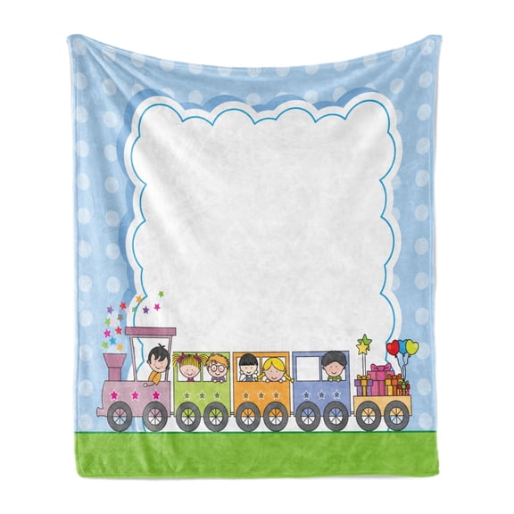 Party Soft Flannel Fleece Throw Blanket, Locomotive Train with Children and Surprise Present Boxes Retro Polka Dots, Cozy Plush for Indoor and Outdoor Use, 70" x 90", Multicolor, by Ambesonne