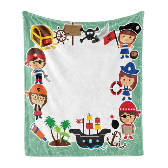 Party Soft Flannel Fleece Throw Blanket, Pirate Explorer Children in Cartoon Style Treasure Chest Ship Tropical Island, Cozy Plush for Indoor and Outdoor Use, 70" x 90", Multicolor, by Ambesonne
