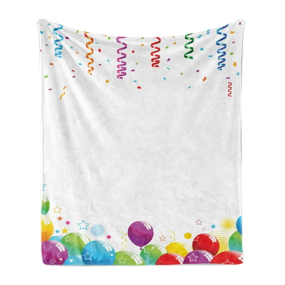 Party Soft Flannel Fleece Throw Blanket, Rain with Curls and Balloons Stars Dots Joyful Happy Greeting Concept, Cozy Plush for Indoor and Outdoor Use, 60" x 80", Multicolor, by Ambesonne