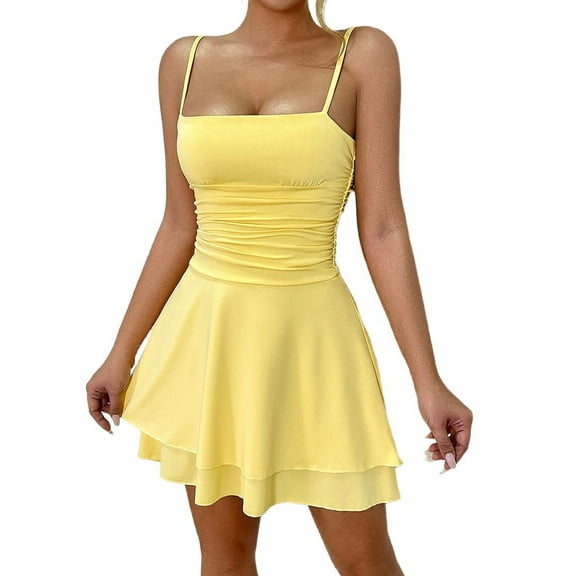 Party Solid Color Spaghetti Strap Dress for Summer Light Yellow S