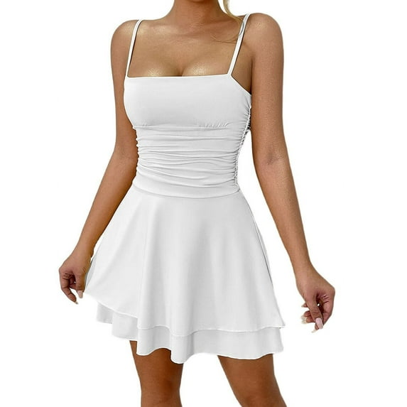 Party Solid Color Spaghetti Strap Dress for Summer White XS