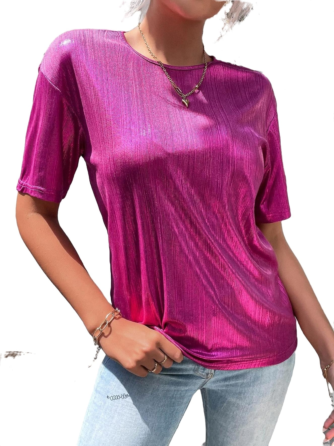 Party Solid Round Neck Short Sleeve Hot Pink Women's TShirts (Women's