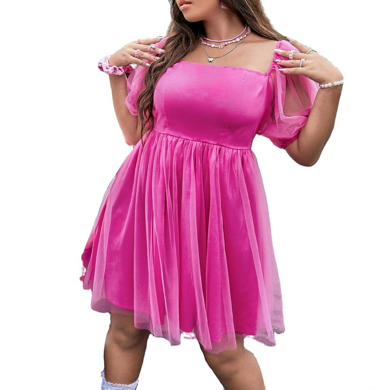 Party Solid Square Neck A Line Short Sleeve Hot Pink Plus Size Dresses  (Women's)