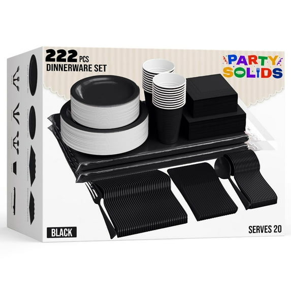 Party Solids 222 Pcs Black Dinnerware Set with Plates, Cups, Napkins, Cutlery & Tablecloth
