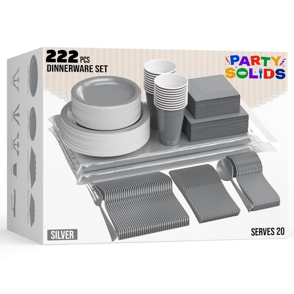 Party Solids 222 Pcs Silver Dinnerware Set with Plates, Cups, Napkins, Cutlery & Tablecloth