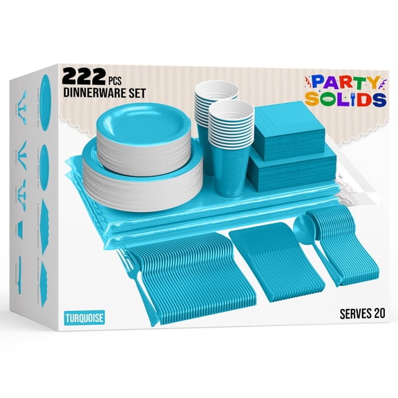 Party Solids 222 Pcs Turquoise Dinnerware Set with Plates, Cups, Napkins, Cutlery & Tablecloth