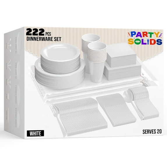 Party Solids 222 Pcs White Dinnerware Set with Plates, Cups, Napkins, Cutlery & Tablecloth