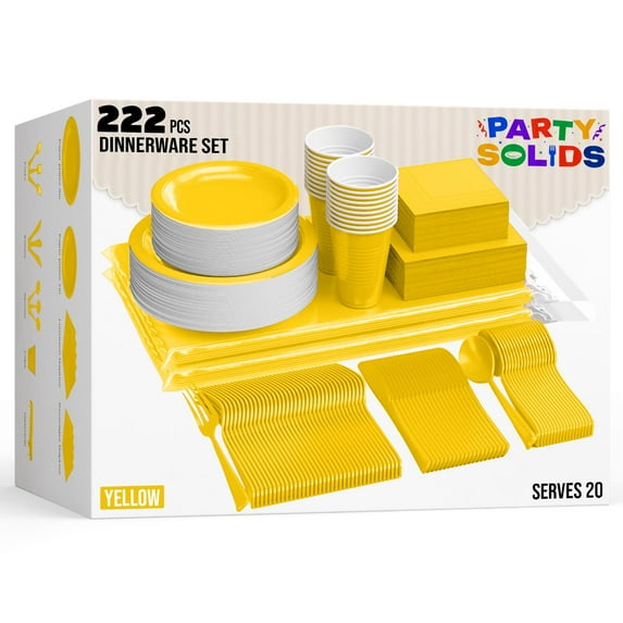 Party Solids 222 Pcs Yellow Dinnerware Set with Plates, Cups, Napkins, Cutlery & Tablecloth