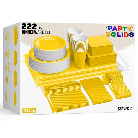 Party Solids 222 Pcs Yellow Dinnerware Set with Plates, Cups, Napkins, Cutlery & Tablecloth