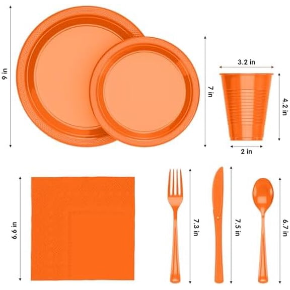 Party Solids 350 Pieces Orange Plastic Plates For Party, Orange Disposable Plates Set, 50 Of Each 9" Dinner Plate Set, 7" Dessert Plate, Cups, Napkins & Cutlery Plastic Dinnerware Set