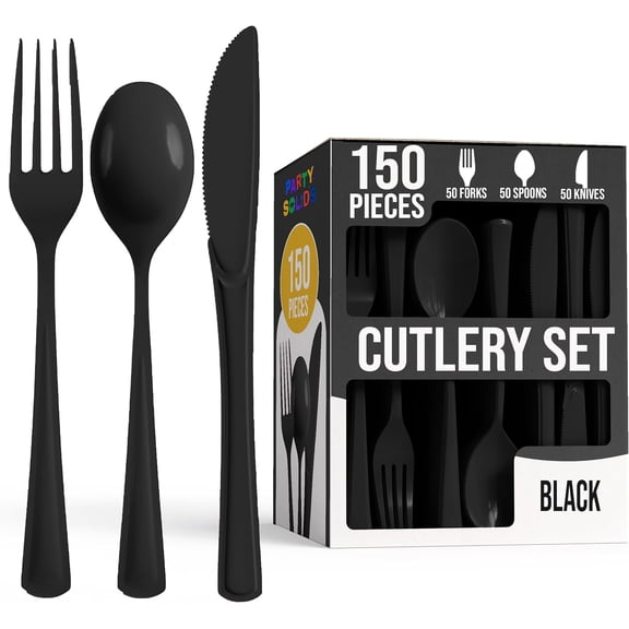Party Solids Black Plastic Silverware Heavy Duty 150 Pieces Black Disposable Silverware Heavy Duty, Utensil Sets, 50 Of Each Forks, Knives & Spoons Disposable Cutlery Set For Party Supplies