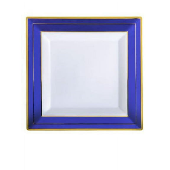 Party Source 7.5" Blue Splendor Square White with/ Blue and Gold Plastic Dessert Plates Count of 10