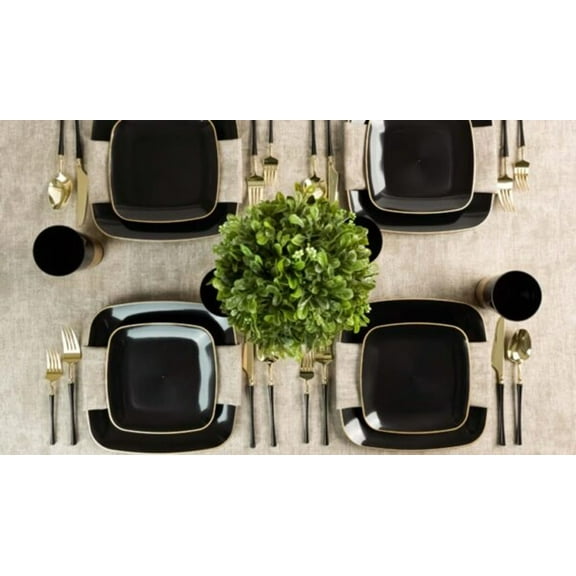 Party Source Black w/ Gold Rim Square Plastic Salad Appetizer 8.5" Party Wedding Plates (120 Count)